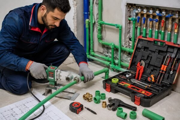 فني صحي يستخدم جهاز لحام مواسير حراري داخل منزل