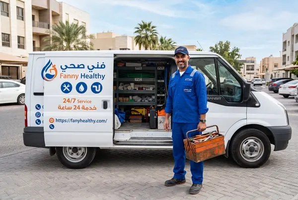 فني صحي مبتسم يقف بجوار سيارة الخدمات المجهزة