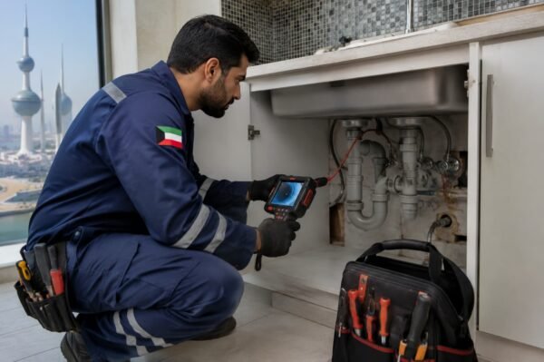 فني صحي يفحص تمديدات المياه بالكويت