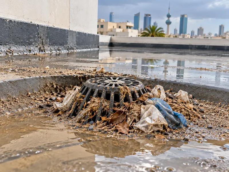 مصفاة سطح مسدودة بالرمل والأكياس قبل موسم الأمطار، فتحة تصريف مغطاة بالأتربة والمخلفات على سطح بيت