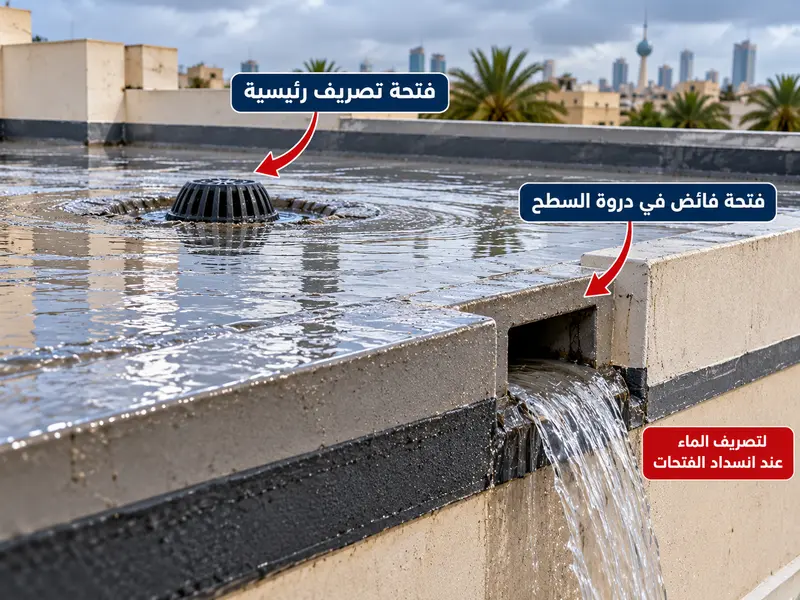 فتحة فائض في دروة السطح لتصريف الماء عند انسداد الفتحات، ماسورة قصيرة بارزة من جدار الدروة فوق مستوى أرضية السطح