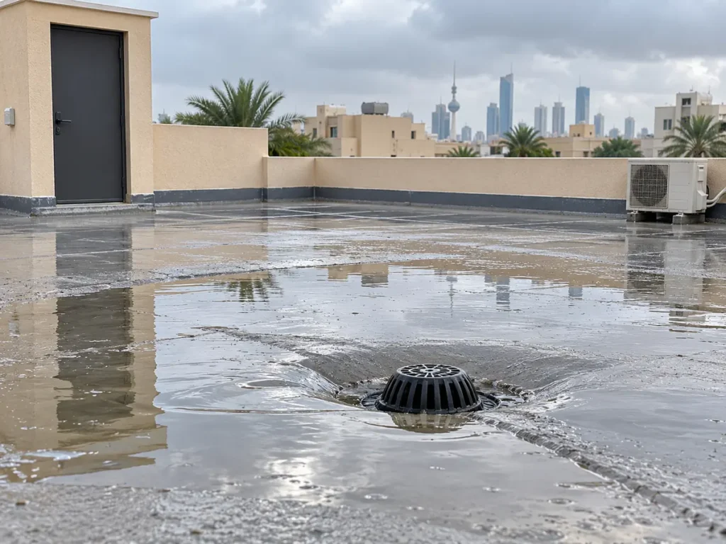 صرف مياه الأمطار من الأسطح، فني يركّب مزراب ومواسير تصريف عند حافة سطح بيت لتوجيه المياه بعيدًا عن المبنى